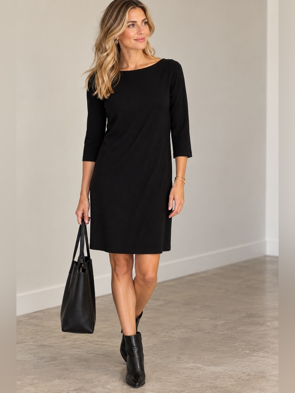 Eileen Fisher Black Stretch Knit Shift Dress XXS 3/4 Sleeve